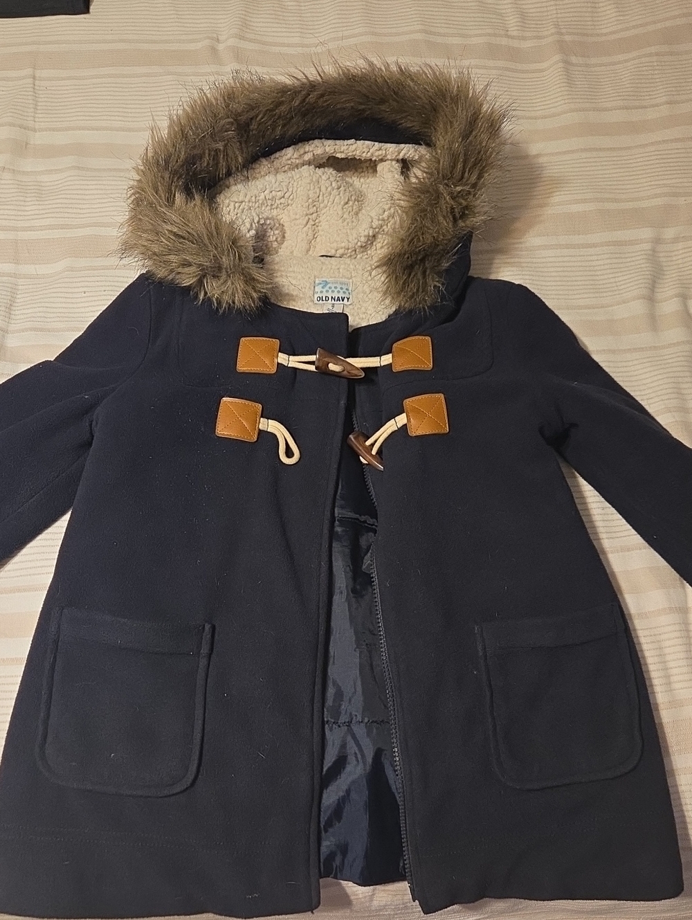 Old Navy Navy Girls' Pea Coat with Faux-Fur Hood and Tan Toggle Accents